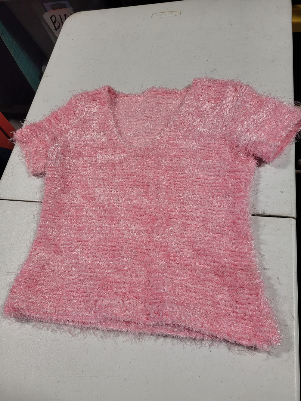 Pink Fuzzy V-Neck Short Sleeve Top
